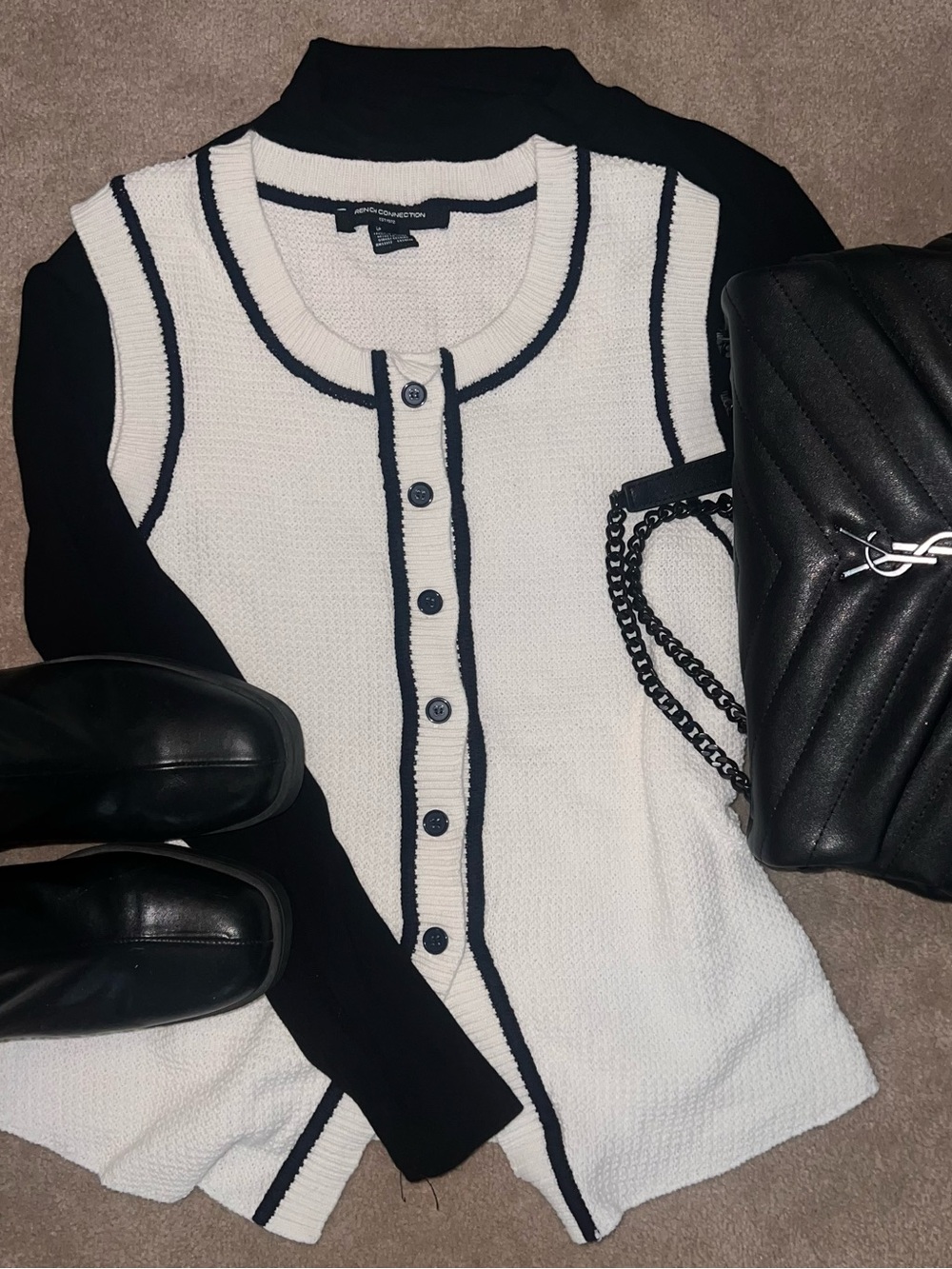French Connection White Sleeveless Knit Cardigan with Black Trim